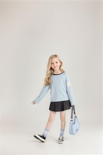 Image of Girls Color Block Pullover Sweater, Spring Fall Oversized Knit Long Sleeve Top with Striped Sleeve, Blue
