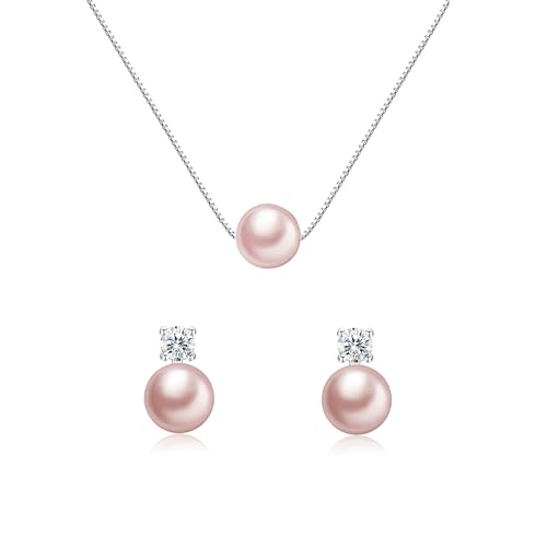 Sterling Silver Pearl Necklace and Earring Set for Girls,8mm White Pink Round Pearls Women Jewelry for Wedding Birthday Christmas Graduation Bridal Shower Gifts for Her,Adjustable 925 Silver Chain(12-18 inch)