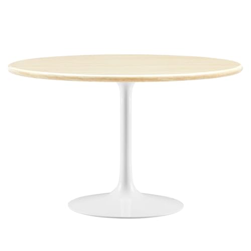 Image of Modway Lippa 48 inch Round Artificial Dining Table with Tapered, Metal Base, White Travertine