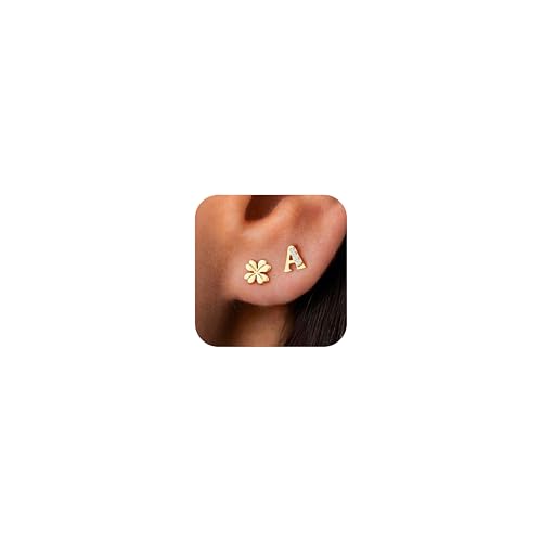 Ritach Initial Stud Earrings for Girls Women - 2 Pairs S925 Sterling Silver Post Lucky Clover Stud Earrings Hypoallergenic Gold Earrings Set Cartilage Initial Earrings for Girls Kids Teen Girl Gifts