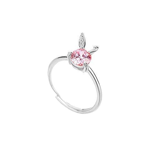 Cute Rabbit Bunny Open Stacking Ring 925 Sterling Silver Cubic Zirconia Pink Crystal Animal Adjustable Statement Thin Tail Finger Band Promise Wedding Rings Dainty Easter Jewelry for Women Bride
