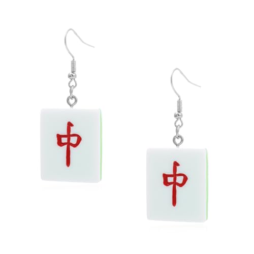 DEARMAMY 1 Par Divertidos Pendientes Mahjong Semental Gotas Para Los Oídos De Mahjong Colgado Pendientes Bohemios Ligero Anillos Oro Pendientes Colgantes De Novia Tachuelas Rojo Resina
