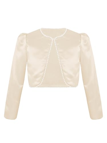 Flower Girls Satin Bolero Faux Pearls Long Sleeve Cardigan Shrug Kids Fully Lined Cropped Jacket