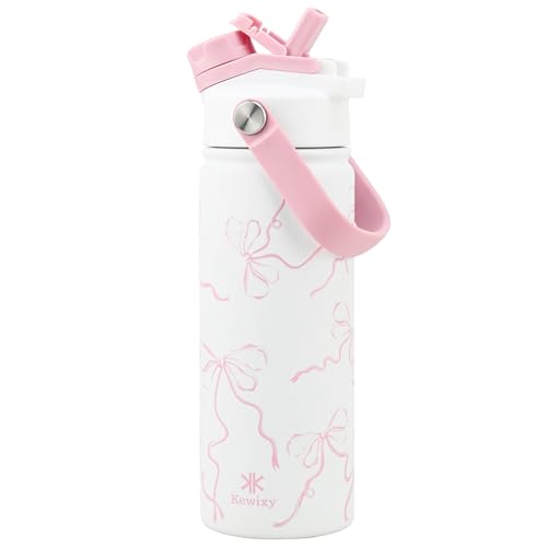 KEWIXY Pink Bow Water Bottle 500 ml/18 oz 2-in-1 Lid Stainless Steel Water Bottle with Straw for Women Girls Ideal Birthday and Back to School Gift (Breeze Pink Bow1)