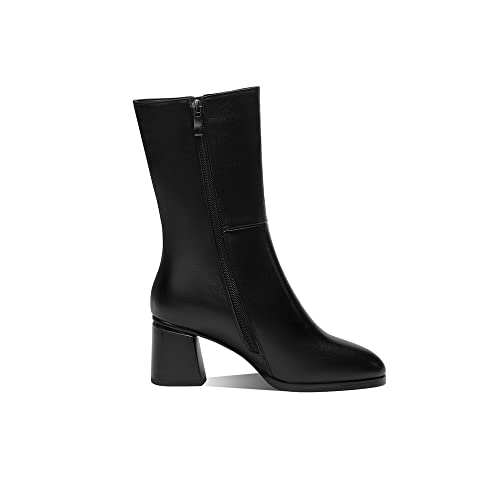 TinaCus Women's Round Toe Genuine Leather Handmade Dual Zippers Chunky Heels Classic Mid-Calf Boots4