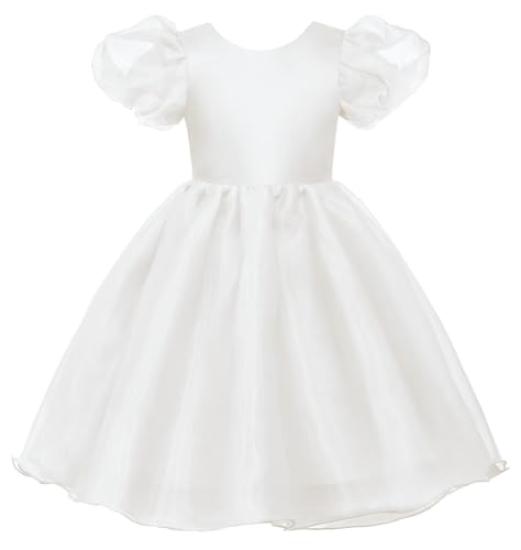 Uhnice Flower Girl Tulle Dress Toddler Puff Sleeve V-Back Dresses for Wedding Party (White, 4-5/110)