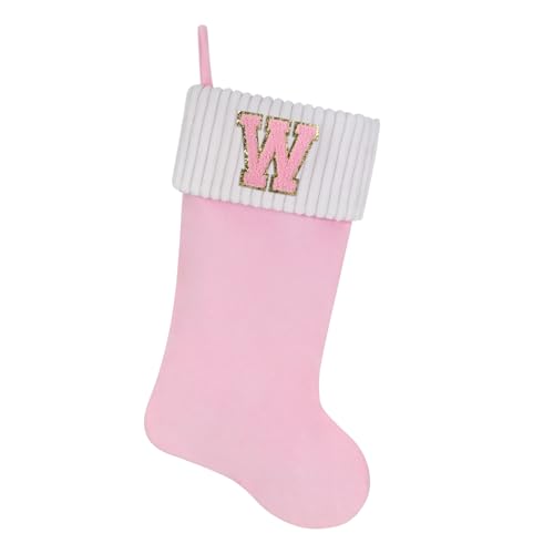 Shgngle 20 Inches Letter Embroidered Christmas Stocking,Personalized Pink Velvet Christmas Stocking,Family Holiday Decorations and Xmas Gift(W)