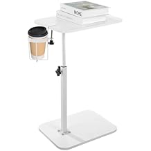 360 Swivel C Shaped Side Table with Cup Holder, Adjustable Height Sofa Tray Table for Couch or Bed, Sliding Under Sofa Snack & Laptop Side Table for Small Spaces, White End Table