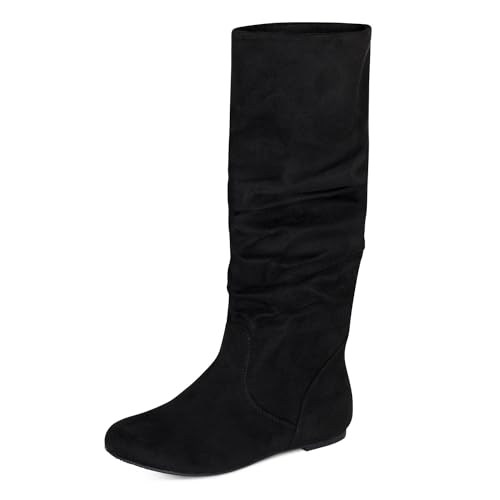 Roll- Women's Slouchy Faux Suede Knee High Pull On Flat Round Toe Boots
