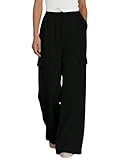 Xiaoxuemeng Womens Cotton Linen Wide Leg Pants Casual Elastic Waisted Cargo Pants with Pockets (Black-L)