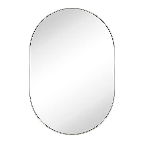 Image of TEHOME Brushed Nickel 20x30'' Oval Mirror Brushed Silver Capsule Pill Shaped Bathroom Vanity Mirror 30 x 20 inch Oblong Metal Framed Mirror in Stainless Steel