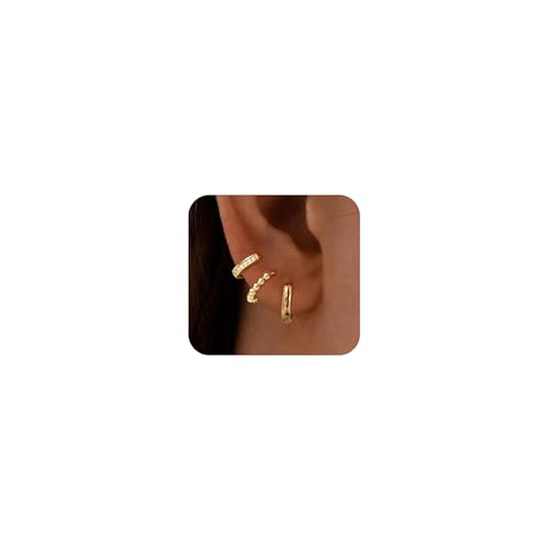 Turandoss Small Gold Hoop Earrings for Women Trendy - 14K Gold Plated Beaded Hoops Hypoallergenic Huggie Cubic Zirconia Earrings, Dainty Hoops Earring Set for Multiple Piercing