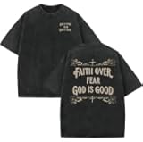 Men's Christian Jesus Shirt Faith Over Fear T-Shirt, Oversized Acid Wash Graphic Tee, Religious God Tee for Daily Wear