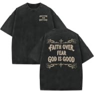 Men's Christian Jesus Shirt Faith Over Fear T-Shirt, Oversized Acid Wash Graphic Tee, Religious God Tee for Daily Wear