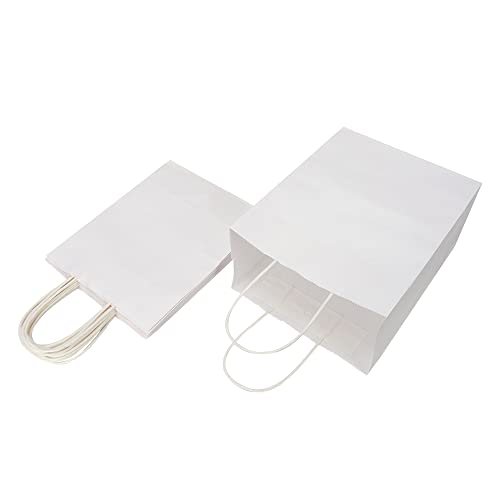 Oikss 100 Pack 8X4.75X10 Inch Medium Kraft Bags With Handles Bulk, Paper Bags Birthday Wedding Party Favors Grocery Retail Shopping Takeouts Business Goody Craft Gift Bags Sacks (White 100Pcs Count) #TOP3