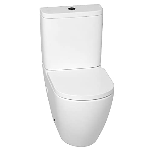 Royal Bathrooms Elva Contemporary Gloss White Close Coupled Rimless Toilet with Dual Flush Cistern Quick Release Standard Soft Close Seat Round Shape Bathroom WC
