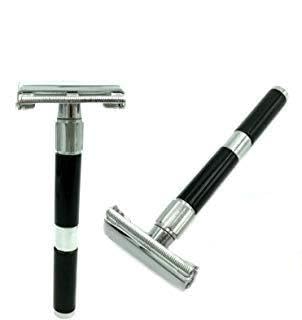 LONG HANDLE DOUBLE EDGE BUTTERFLY OPENING SAFETY RAZOR + FREE BLADES BLACK