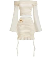 BEAUDRM Women's 2 Pieces Outfit Off Shoulder Long Sleeve Top and 3D Flower Ruched Ruffle Hem Body...