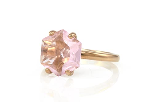 Bague quartz rose hexagonale, le cadeau d'anniversaire idéal pour elle