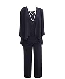 Kajumi Navy Blue Chiffon Mother of The Bride Pant Suits Plus Size 3 Pieces Mother of The Groom Dress