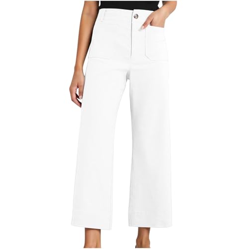 Pbawab Womens Palazzo Pants Summer Fashion High Waisted Wide Leg Trousers Casual Work Office Button Pants with Pockets White