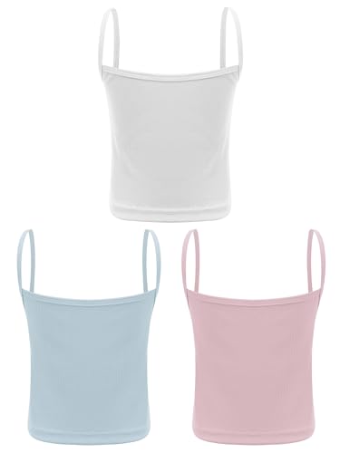 Girls Cotton Ribbed Camisole Yoga Dance Cami 3 Pack Kids Basci Tank with Spaghetti Straps Sleeveless Crop Top2