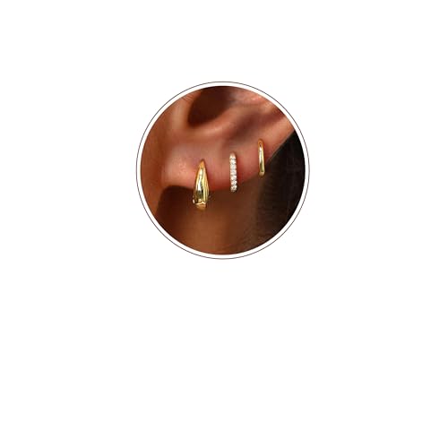 Poxtex Small 14K Gold Plated Huggie Hoop Earrings Set for Women, Hypoallergenic Trendy Hoops Stacks...