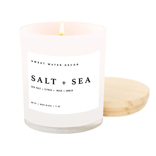 Sweet Water Decor Salt + Sea Candle | Sea Salt, Citrus, Amber, Musk, Beach Scented Soy Candles For Home | 11Oz White Glass Jar + Wood Lid, 50+ Hour Burn Time, Made In The Usa #TOP10
