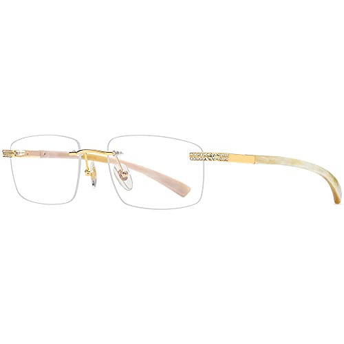 Image of HEPIDEM 100% Really Buffalo Horn Glasses,Square Rimless Luxury Buffs Eyeglasses with Zircon Diamonds