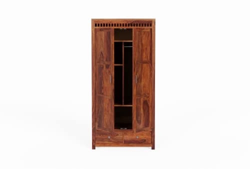 Image of Wooden 2 Door Wardrobe for Bedroom, Almirah with 2 Drawers & Multiple Shelves Storage, Solid Sheesham Wood, Honey Finish