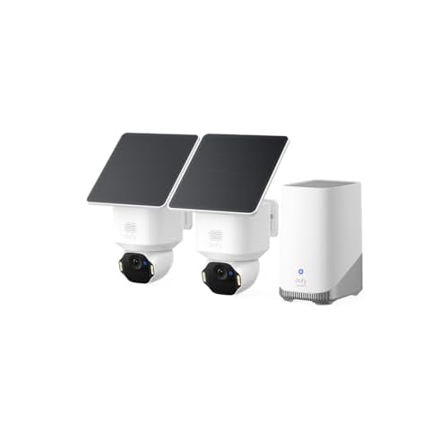 eufy Security SoloCam E42 (HomeBase S380) kit di 2 telecamere, telecamera wireless 4K esterna, energia FV, rilevamento moto AI, strobo, pan e inclinaz