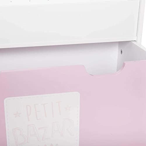Pink bookcase with storage bin on wheels