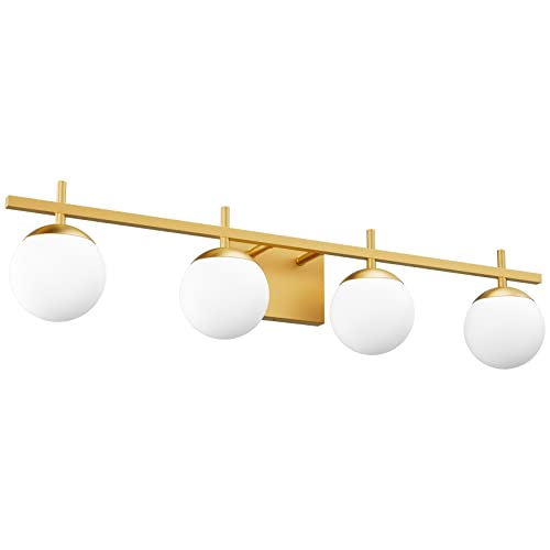Image of Ralbay Mid Century Gold Bathroom Vanity Lights 4-Light Gold Milky Glass Modern Bathroom Lighting Fixtures Over Mirror, Gold 4-Light (Exclude Bulb)