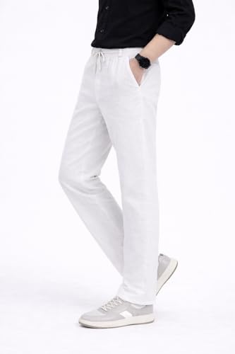 Image of Men's Linen Pants, White, Straight Fit, Elastic Waistband with Drawstring, Casual Trousers