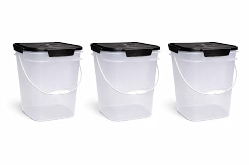 Image of House Naturals 4 Gallon Square Food Grade Bucket Pail with Plastic Handles and Lid (Pack of 3) (Clear - Black lids)