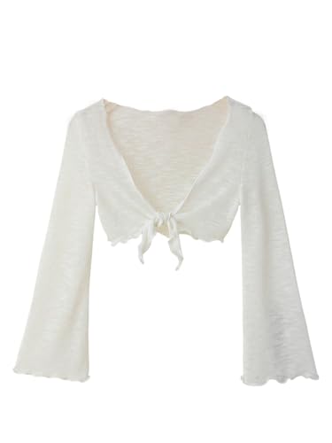 OYOANGLE Girl's Beach Cover Ups Bell Long Sleeve Tie Front Shrugs Lettuce Trim Lightweight Cropped Cardigans