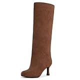 Athlefit Brown Suede Knee High Boots for Women Wide Calf Stiletto Tall Boots Fall Fashion Slouchy Heeled Long Booties Size 5.5