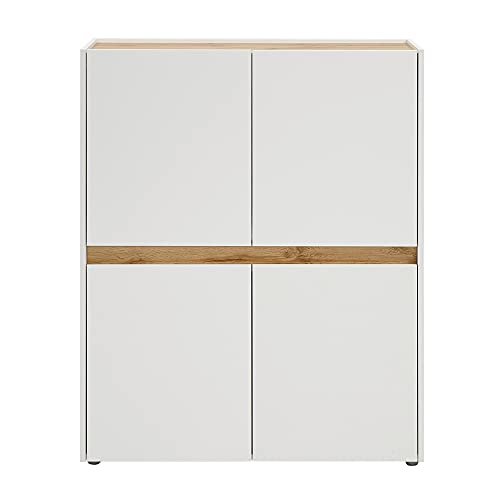 Lomadox Wohnzimmer Highboard in weiß mit Absetzungen in Wotan Eiche Nb., B/H/T: ca. 100/120/40 cm