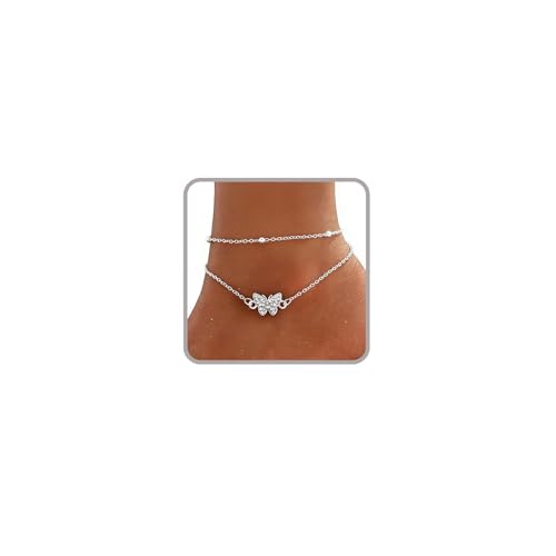 Ankle Bracelets for Women Silver Anklets for Women Waterproof Summer Beach Jewelry Dainty Butterfly Anklet Bracelet Adjustable Plus Size Anklets for Big Ankles Foot Jewelry (butterfly)