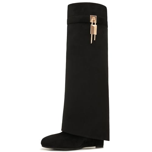 Image of Fold Over Boots for Women Pointy Pull-on Wedge Heel Knee Shark Boot With Side Zipper Padlock Design