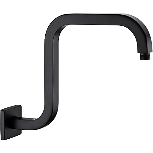 Trustmi Square Shower Arm With Flange 12 Inch Rainfall Shower Head High Rise Extension Arm, Wall Mounted S Shaped Shower Arm Stainless Steel, Matte Black #TOP4