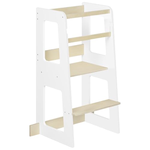 WOLTU Lernturm für Kinder ab 1 Jahr, mit Rausfallschutz, Montessori Learning Tower, Entdeckerturm Küchenhelfer Tritthocker, aus Massivholz MDF, bis 50 kg belastbar, Weiß Holzfarbe