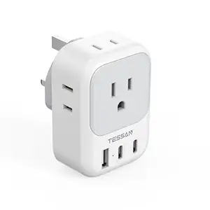 US to UK Plug Adapter, TESSAN Type G Travel Adaptor with 4 Electrical Outlets 3 USB Ports (2 USB C), Ireland Power Adapter for USA to England London Scotland Dubai Singapore Qatar Kenya British