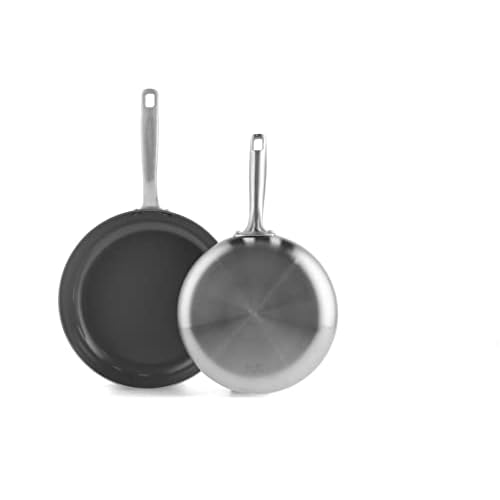 GreenPan Chatham Tri-Ply Stainless Steel Healthy Ceramic Nonstick 8″ and 10″ Frying Pan Skillet 2-Piece Set, PFAS-Free, Multi Clad, Induction, Dishwasher Safe, Oven Safe, Silver