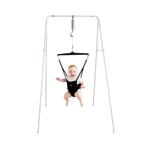 Image of Jolly Jumper Classic with Stand - Black Saddle | The Original Baby Jumper, Indoor and Outdoor Exercise Saddle Seat, Adjustable Height, for Infants up to 28lbs