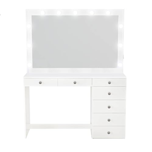 Boahaus Serena Modern Makeup Vanity with Hollywood Light Bulbs Add-On, 7 Drawers, Wide Mirror, MDF Top for Bedroom (Non-Glass Top - White), Black