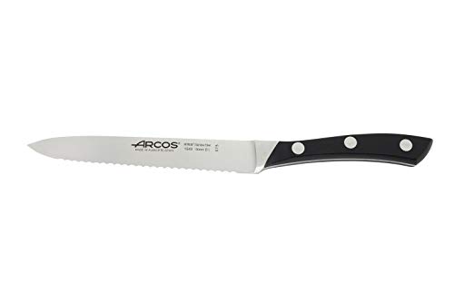 Arcos Serie Terranova, Cuchillo Tomatero, Hoja de Acero Inoxidable Forjado Nitrum 130 mm, Mango de Polioximetileno, POM color Negro