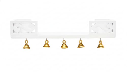 Image of Wooden Wall Shelf with Bells, Traditional Indian Style, Rectangular, Painted Finish | Mandir wall Shelf for Home and Office (White)