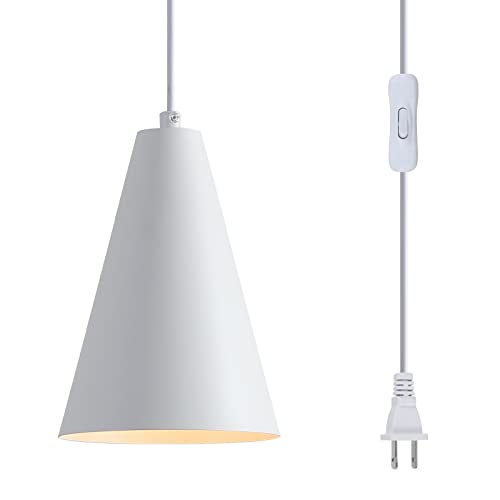 White Plug In Pendant Lights Kitchen Island,Dining Room Light Fixtures Over Table 1 Pack with Cone...