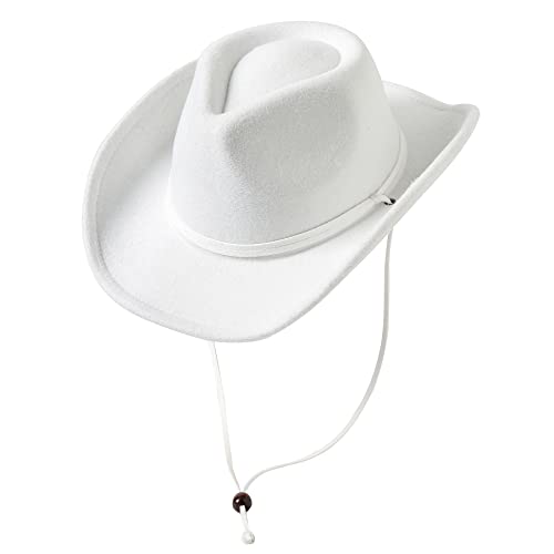 Jastore Kids Girls Boys Wide Brim Western Cowboy Cowgirl Hat with Wind Lanyard Felt Fedora Hat (White 3-5 Years)